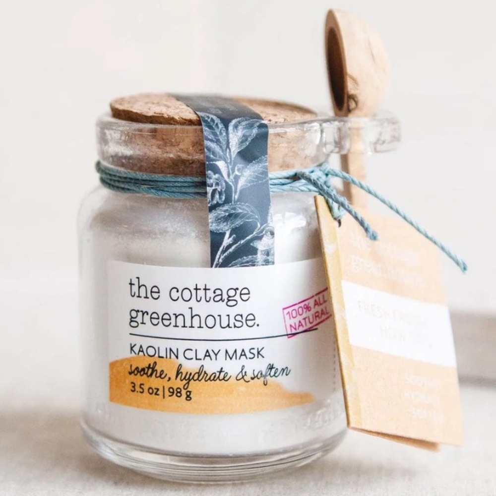 The Cottage Greenhouse Kaolin Clay Mask in glass jar w/cork lid & wooden scoop